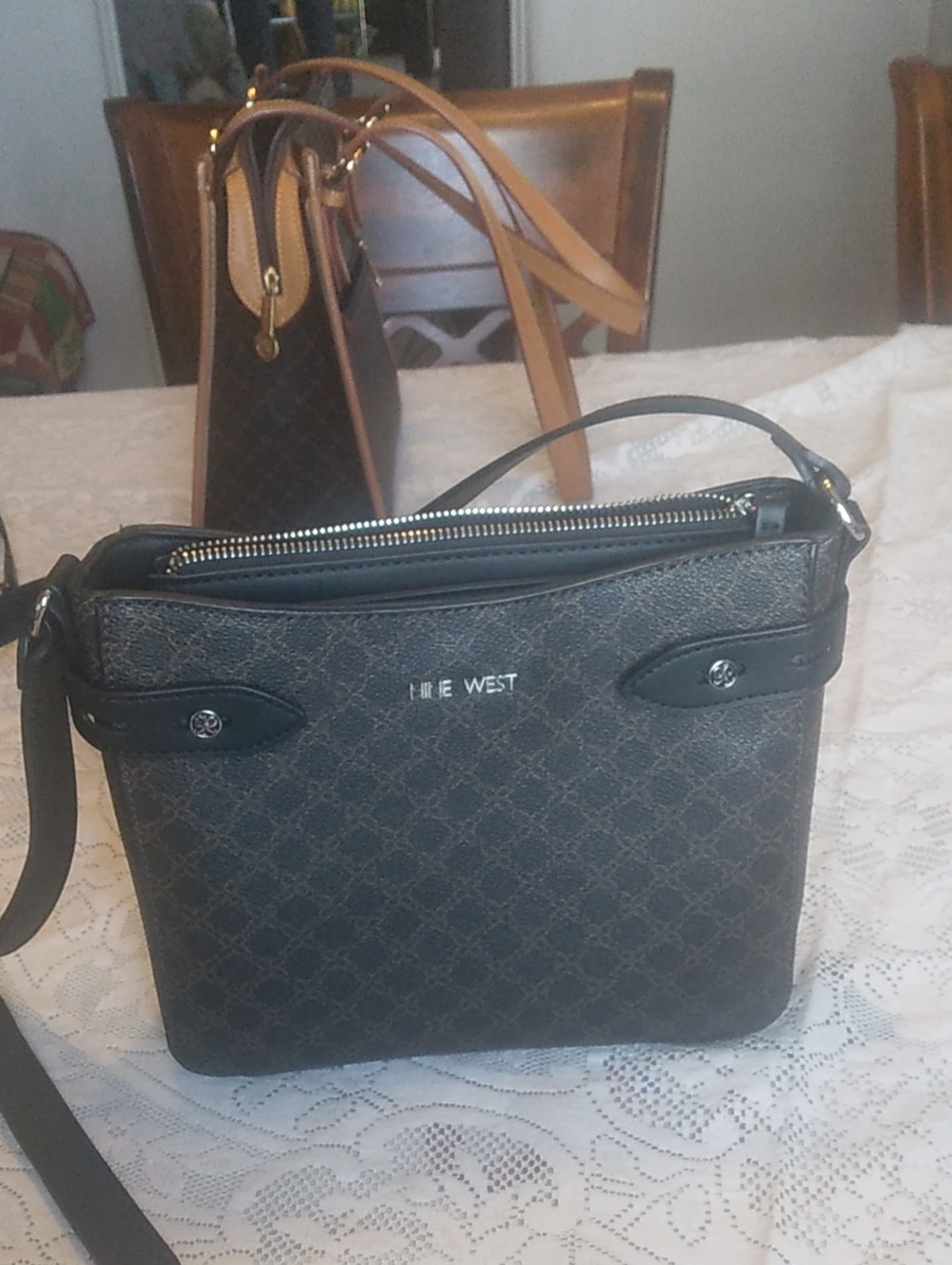 Nine West Black Monogram Top-Zip Tote
